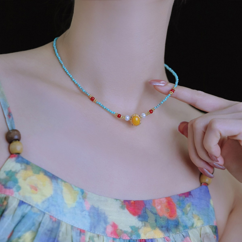 New Arrival Vintage Blue Turqu - Pearl Choker Necklace Vintage recension och pris
